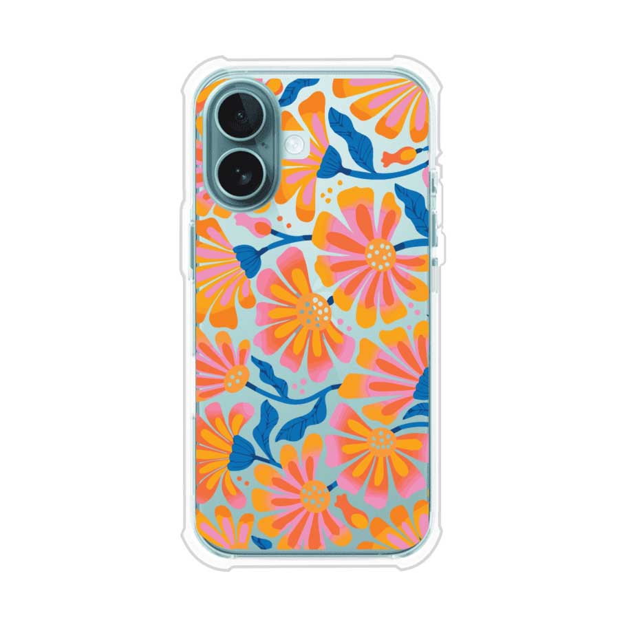 Funda personalizada para iPhone con diseño floral estilo Sunset Blossom en tonos naranjas, rosas y azules. Ideal para primavera/verano, producto de Remark MX