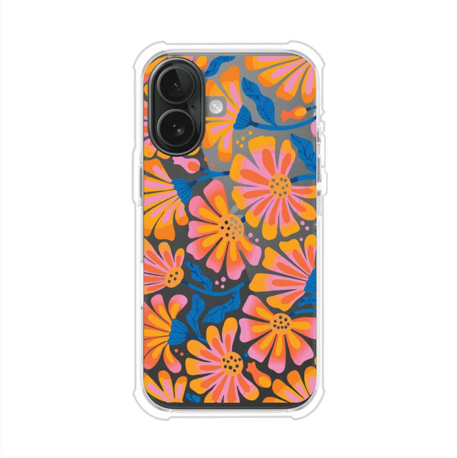 Funda personalizada para iPhone con diseño floral estilo Sunset Blossom en tonos naranjas, rosas y azules. Ideal para primavera/verano, producto de Remark MX