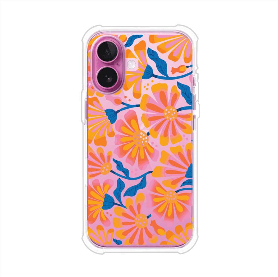 Funda personalizada para iPhone con diseño floral estilo Sunset Blossom en tonos naranjas, rosas y azules. Ideal para primavera/verano, producto de Remark MX