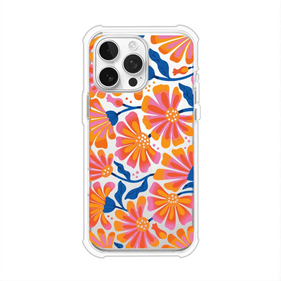 Funda personalizada para iPhone con diseño floral estilo Sunset Blossom en tonos naranjas, rosas y azules. Ideal para primavera/verano, producto de Remark MX