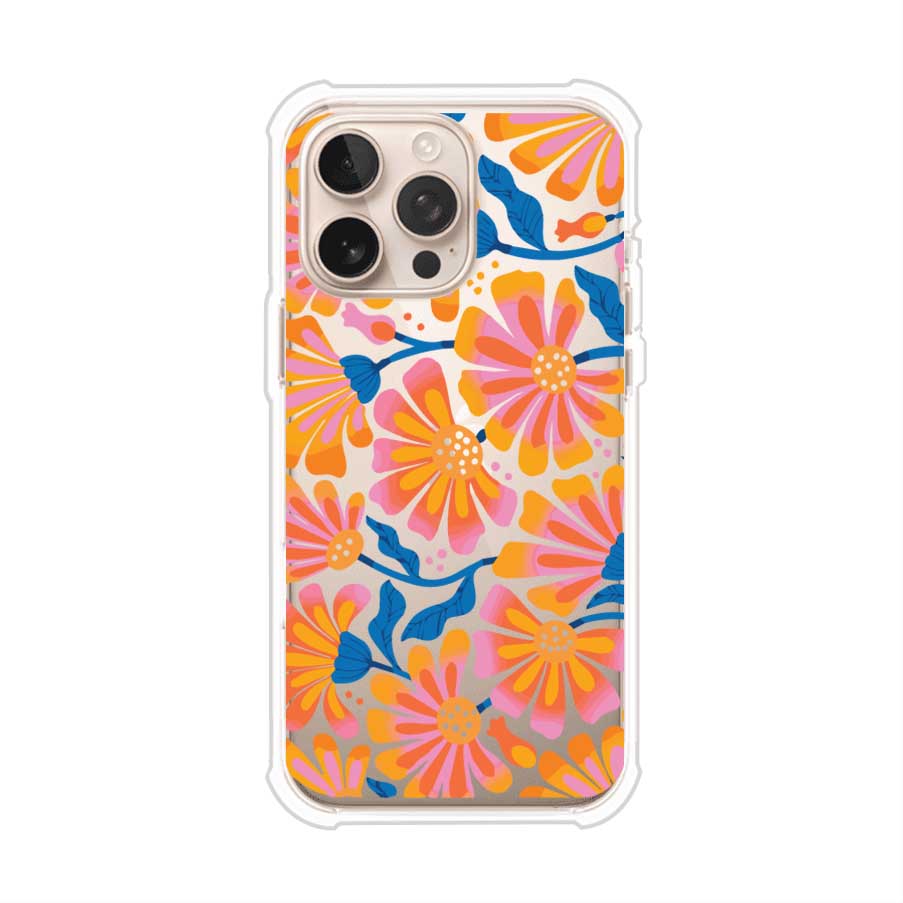 Funda personalizada para iPhone con diseño floral estilo Sunset Blossom en tonos naranjas, rosas y azules. Ideal para primavera/verano, producto de Remark MX