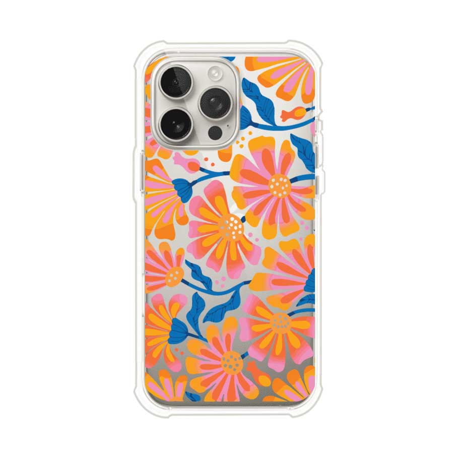 Funda personalizada para iPhone con diseño floral estilo Sunset Blossom en tonos naranjas, rosas y azules. Ideal para primavera/verano, producto de Remark MX