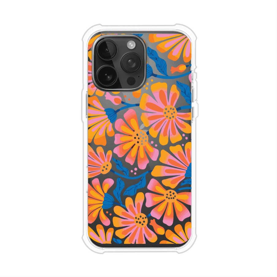 Funda personalizada para iPhone con diseño floral estilo Sunset Blossom en tonos naranjas, rosas y azules. Ideal para primavera/verano, producto de Remark MX