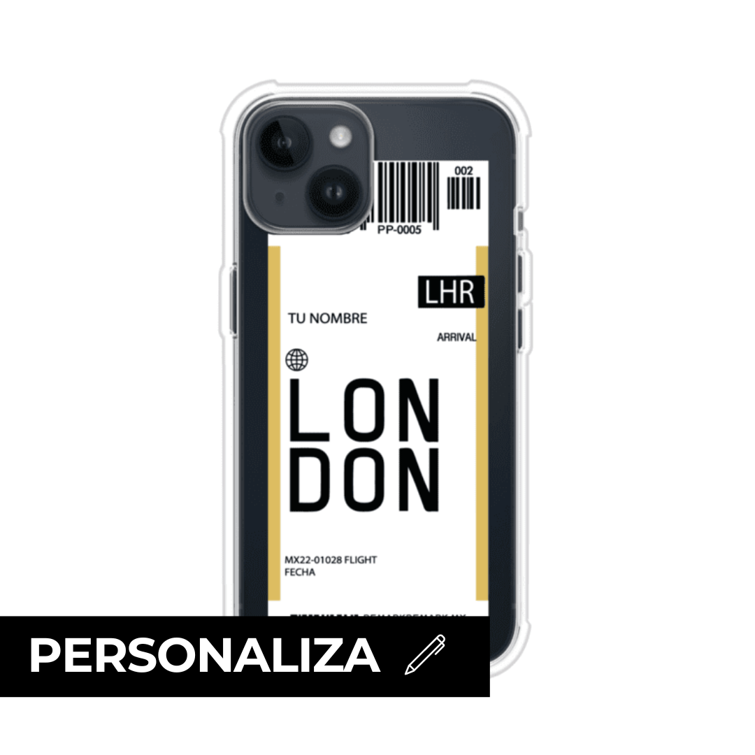 Funda personalizada estilo pase de abordar con diseño de Londres y código LHR, personalizable con nombre y datos de vuelo; producto de Remark MX para iPhone