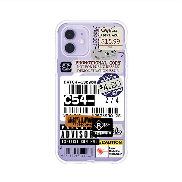 Funda para iPhone con diseño urbano tipo collage de tickets, códigos de barras y etiquetas de advertencia. Ideal para quienes buscan un estilo alternativo y original. Diseño exclusivo de Remark MX