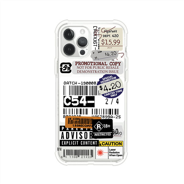 Funda para iPhone con diseño urbano tipo collage de tickets, códigos de barras y etiquetas de advertencia. Ideal para quienes buscan un estilo alternativo y original. Diseño exclusivo de Remark MX