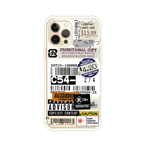 Funda para iPhone con diseño urbano tipo collage de tickets, códigos de barras y etiquetas de advertencia. Ideal para quienes buscan un estilo alternativo y original. Diseño exclusivo de Remark MX