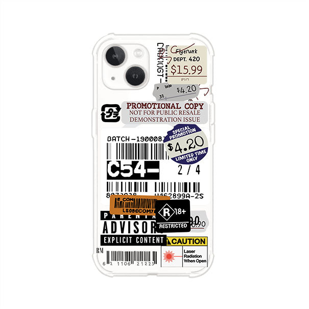 Funda para iPhone con diseño urbano tipo collage de tickets, códigos de barras y etiquetas de advertencia. Ideal para quienes buscan un estilo alternativo y original. Diseño exclusivo de Remark MX