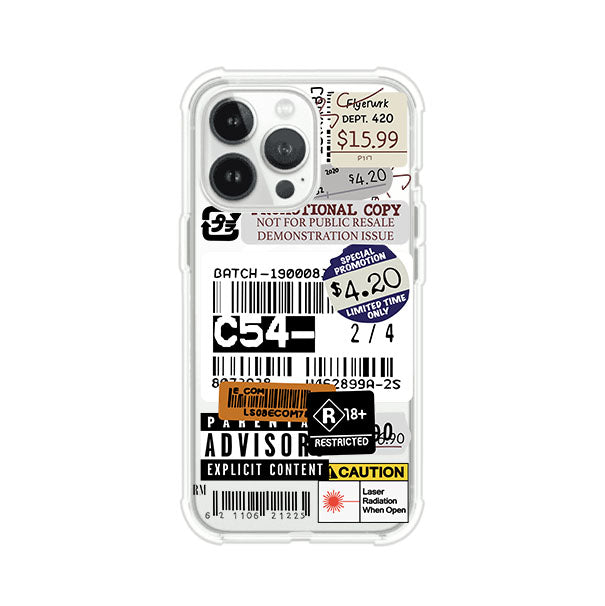 Funda para iPhone con diseño urbano tipo collage de tickets, códigos de barras y etiquetas de advertencia. Ideal para quienes buscan un estilo alternativo y original. Diseño exclusivo de Remark MX