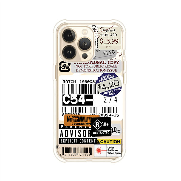 Funda para iPhone con diseño urbano tipo collage de tickets, códigos de barras y etiquetas de advertencia. Ideal para quienes buscan un estilo alternativo y original. Diseño exclusivo de Remark MX