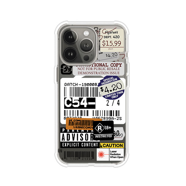Funda para iPhone con diseño urbano tipo collage de tickets, códigos de barras y etiquetas de advertencia. Ideal para quienes buscan un estilo alternativo y original. Diseño exclusivo de Remark MX