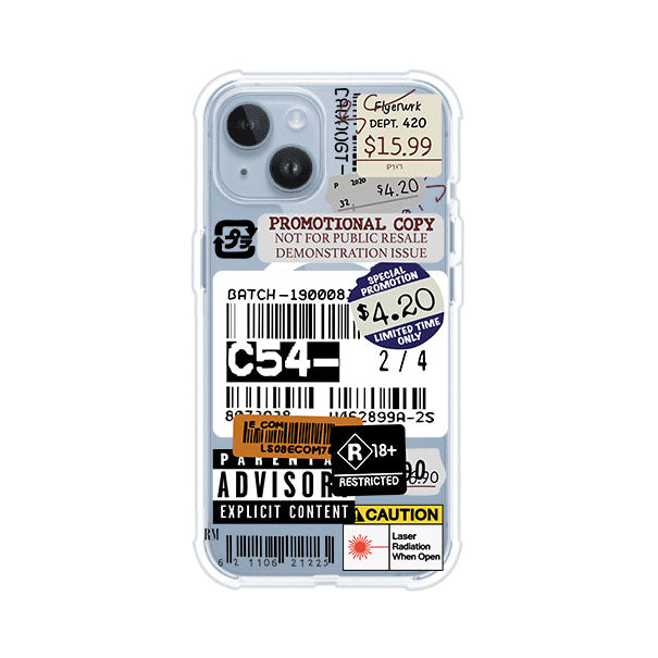 Funda para iPhone con diseño urbano tipo collage de tickets, códigos de barras y etiquetas de advertencia. Ideal para quienes buscan un estilo alternativo y original. Diseño exclusivo de Remark MX