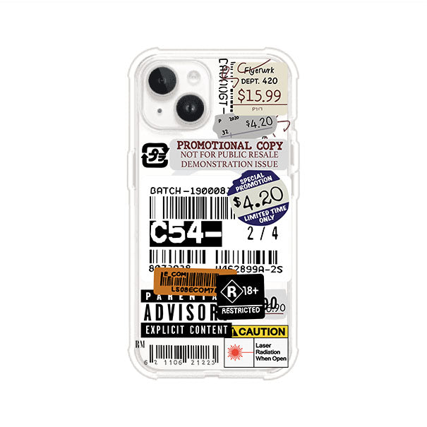Funda para iPhone con diseño urbano tipo collage de tickets, códigos de barras y etiquetas de advertencia. Ideal para quienes buscan un estilo alternativo y original. Diseño exclusivo de Remark MX