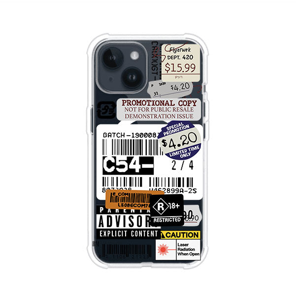 Funda para iPhone con diseño urbano tipo collage de tickets, códigos de barras y etiquetas de advertencia. Ideal para quienes buscan un estilo alternativo y original. Diseño exclusivo de Remark MX