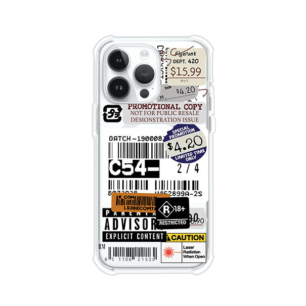 Funda para iPhone con diseño urbano tipo collage de tickets, códigos de barras y etiquetas de advertencia. Ideal para quienes buscan un estilo alternativo y original. Diseño exclusivo de Remark MX