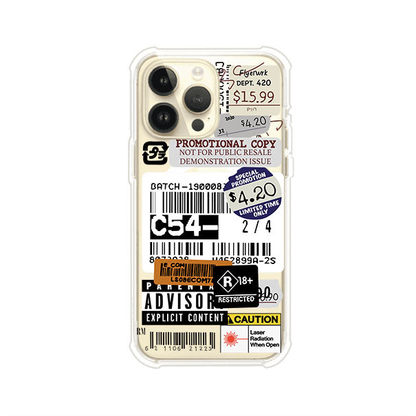 Funda para iPhone con diseño urbano tipo collage de tickets, códigos de barras y etiquetas de advertencia. Ideal para quienes buscan un estilo alternativo y original. Diseño exclusivo de Remark MX