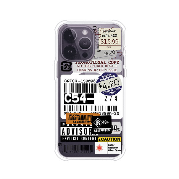 Funda para iPhone con diseño urbano tipo collage de tickets, códigos de barras y etiquetas de advertencia. Ideal para quienes buscan un estilo alternativo y original. Diseño exclusivo de Remark MX