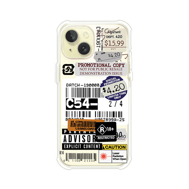 Funda para iPhone con diseño urbano tipo collage de tickets, códigos de barras y etiquetas de advertencia. Ideal para quienes buscan un estilo alternativo y original. Diseño exclusivo de Remark MX