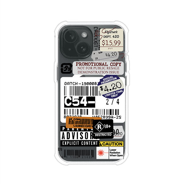 Funda para iPhone con diseño urbano tipo collage de tickets, códigos de barras y etiquetas de advertencia. Ideal para quienes buscan un estilo alternativo y original. Diseño exclusivo de Remark MX