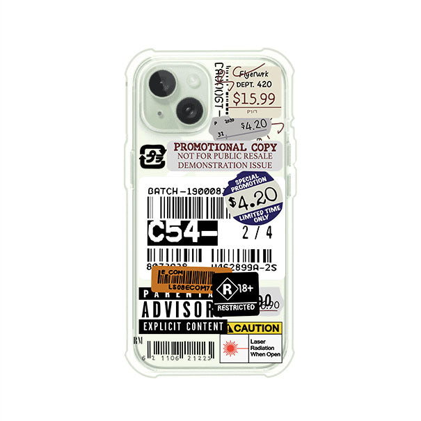Funda para iPhone con diseño urbano tipo collage de tickets, códigos de barras y etiquetas de advertencia. Ideal para quienes buscan un estilo alternativo y original. Diseño exclusivo de Remark MX