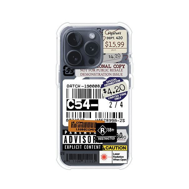Funda para iPhone con diseño urbano tipo collage de tickets, códigos de barras y etiquetas de advertencia. Ideal para quienes buscan un estilo alternativo y original. Diseño exclusivo de Remark MX