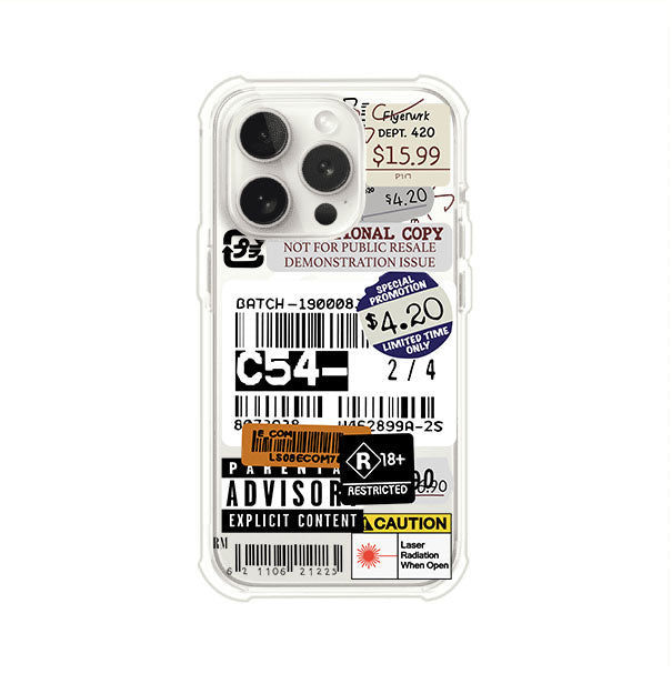 Funda para iPhone con diseño urbano tipo collage de tickets, códigos de barras y etiquetas de advertencia. Ideal para quienes buscan un estilo alternativo y original. Diseño exclusivo de Remark MX