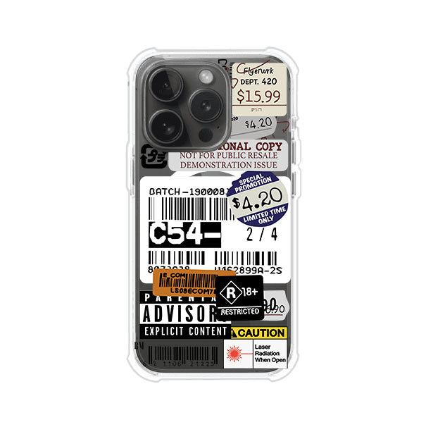 Funda para iPhone con diseño urbano tipo collage de tickets, códigos de barras y etiquetas de advertencia. Ideal para quienes buscan un estilo alternativo y original. Diseño exclusivo de Remark MX