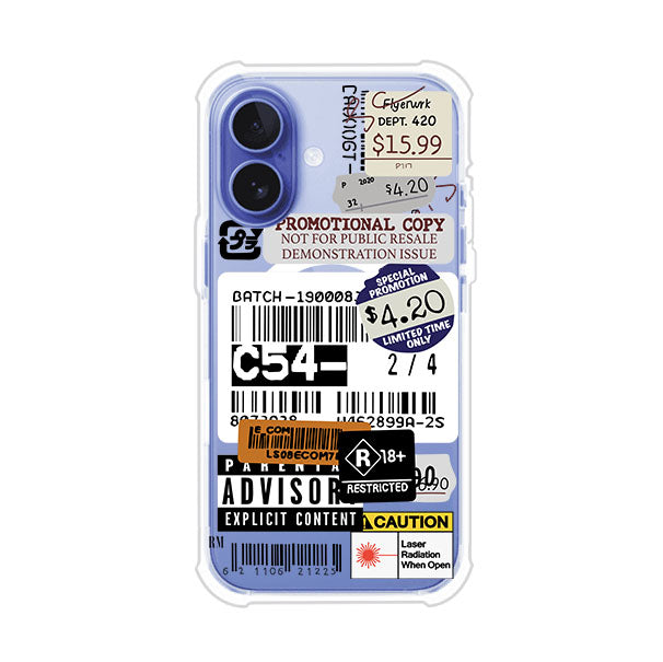 Funda para iPhone con diseño urbano tipo collage de tickets, códigos de barras y etiquetas de advertencia. Ideal para quienes buscan un estilo alternativo y original. Diseño exclusivo de Remark MX