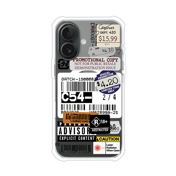 Funda para iPhone con diseño urbano tipo collage de tickets, códigos de barras y etiquetas de advertencia. Ideal para quienes buscan un estilo alternativo y original. Diseño exclusivo de Remark MX