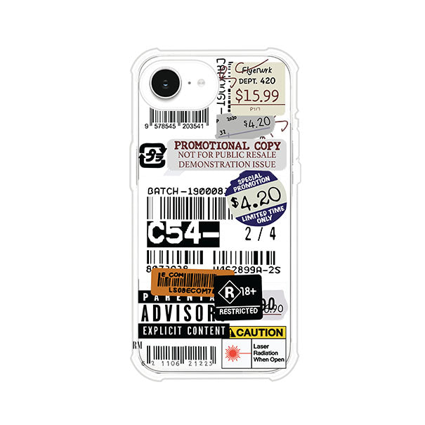 Funda para iPhone con diseño urbano tipo collage de tickets, códigos de barras y etiquetas de advertencia. Ideal para quienes buscan un estilo alternativo y original. Diseño exclusivo de Remark MX