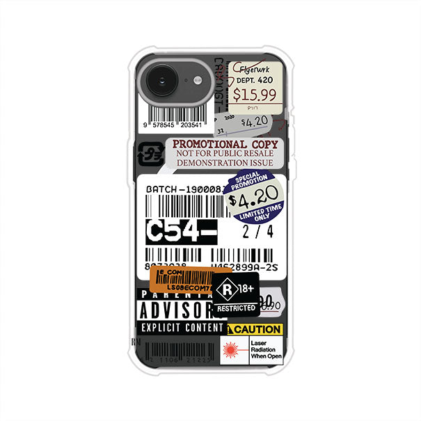 Funda para iPhone con diseño urbano tipo collage de tickets, códigos de barras y etiquetas de advertencia. Ideal para quienes buscan un estilo alternativo y original. Diseño exclusivo de Remark MX