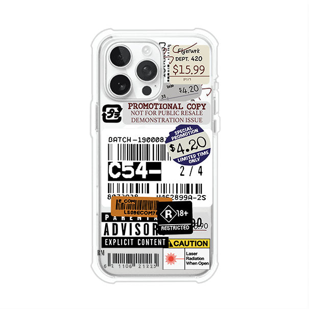 Funda para iPhone con diseño urbano tipo collage de tickets, códigos de barras y etiquetas de advertencia. Ideal para quienes buscan un estilo alternativo y original. Diseño exclusivo de Remark MX