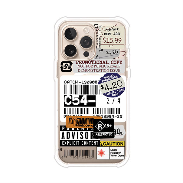 Funda para iPhone con diseño urbano tipo collage de tickets, códigos de barras y etiquetas de advertencia. Ideal para quienes buscan un estilo alternativo y original. Diseño exclusivo de Remark MX