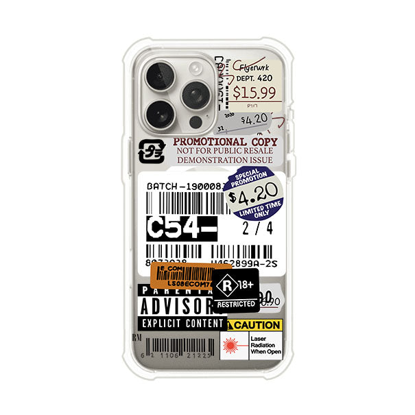 Funda para iPhone con diseño urbano tipo collage de tickets, códigos de barras y etiquetas de advertencia. Ideal para quienes buscan un estilo alternativo y original. Diseño exclusivo de Remark MX
