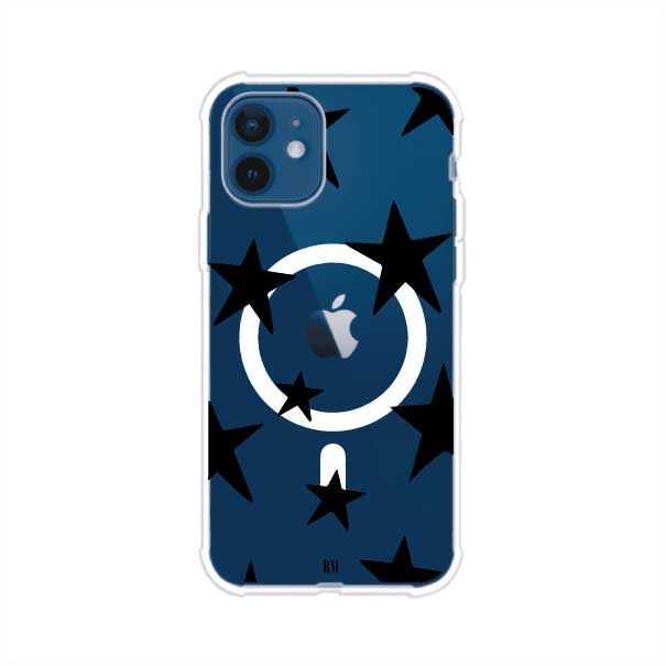 Funda personalizada para iPhone con diseño minimalista de estrellas negras sobre fondo transparente, estilo Black Stars de Remark MX