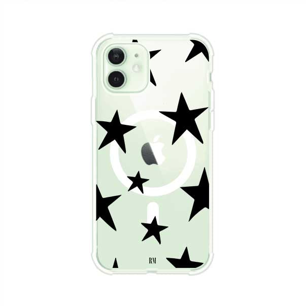 Funda personalizada para iPhone con diseño minimalista de estrellas negras sobre fondo transparente, estilo Black Stars de Remark MX