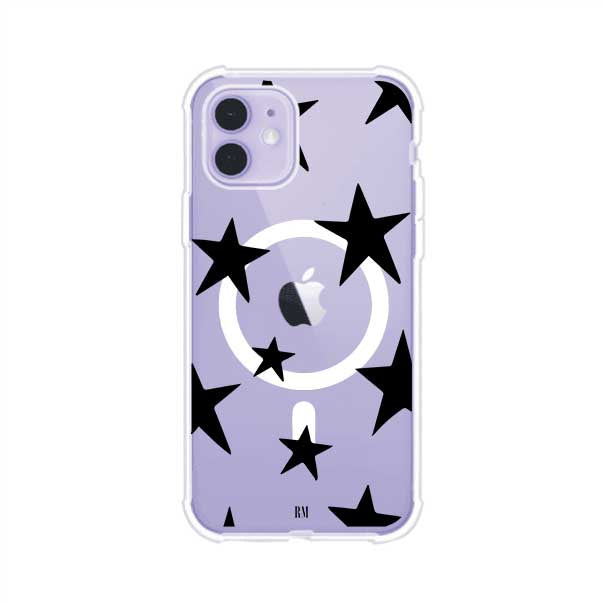 Funda personalizada para iPhone con diseño minimalista de estrellas negras sobre fondo transparente, estilo Black Stars de Remark MX