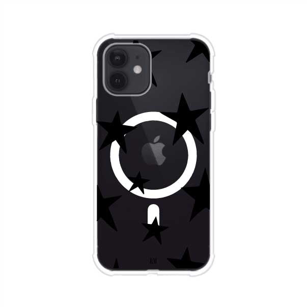 Funda personalizada para iPhone con diseño minimalista de estrellas negras sobre fondo transparente, estilo Black Stars de Remark MX