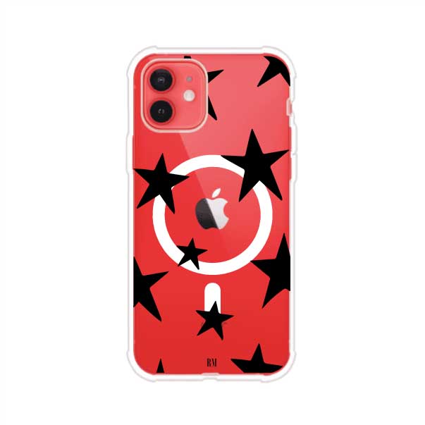 Funda personalizada para iPhone con diseño minimalista de estrellas negras sobre fondo transparente, estilo Black Stars de Remark MX