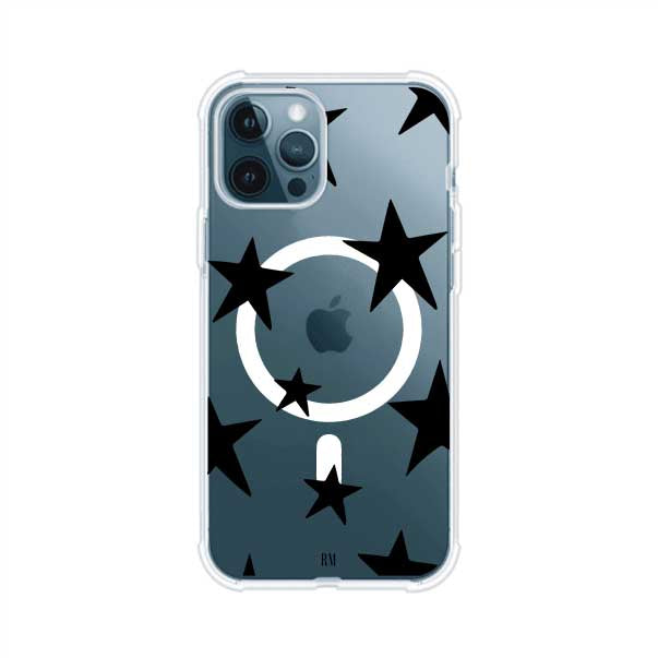 Funda personalizada para iPhone con diseño minimalista de estrellas negras sobre fondo transparente, estilo Black Stars de Remark MX