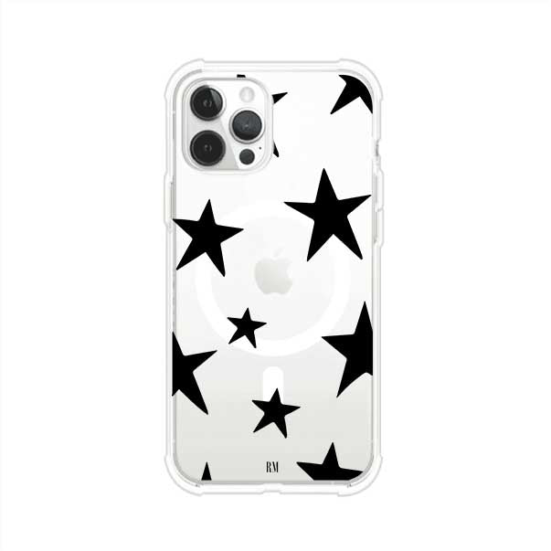 Funda personalizada para iPhone con diseño minimalista de estrellas negras sobre fondo transparente, estilo Black Stars de Remark MX