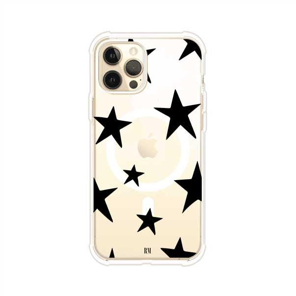Funda personalizada para iPhone con diseño minimalista de estrellas negras sobre fondo transparente, estilo Black Stars de Remark MX