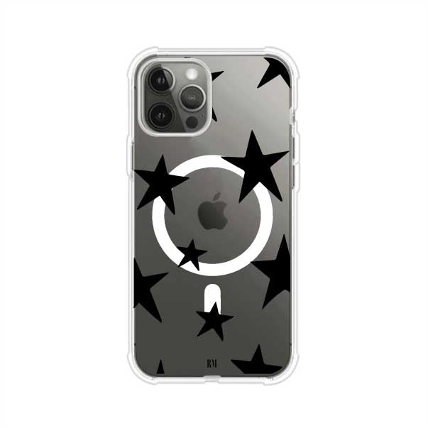 Funda personalizada para iPhone con diseño minimalista de estrellas negras sobre fondo transparente, estilo Black Stars de Remark MX