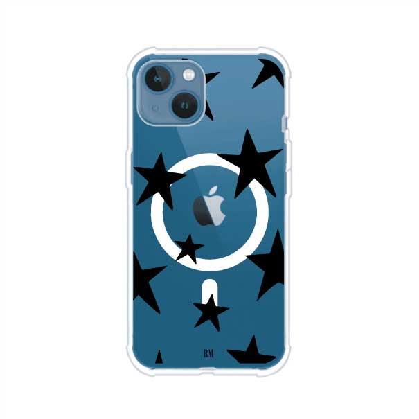 Funda personalizada para iPhone con diseño minimalista de estrellas negras sobre fondo transparente, estilo Black Stars de Remark MX
