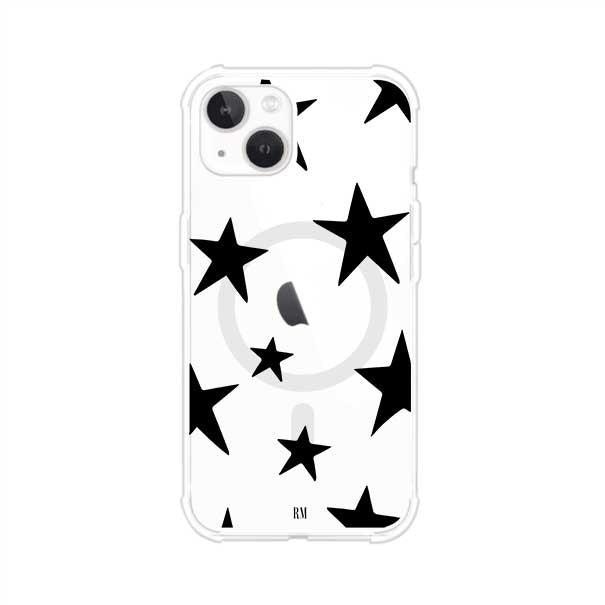 Funda personalizada para iPhone con diseño minimalista de estrellas negras sobre fondo transparente, estilo Black Stars de Remark MX