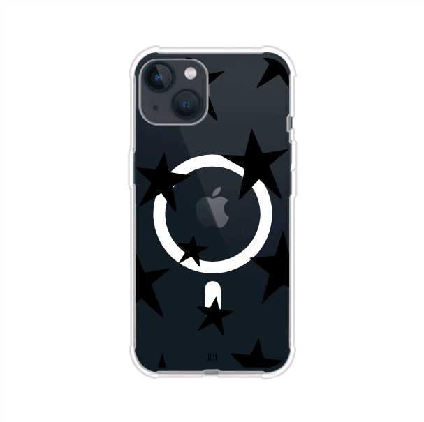 Funda personalizada para iPhone con diseño minimalista de estrellas negras sobre fondo transparente, estilo Black Stars de Remark MX