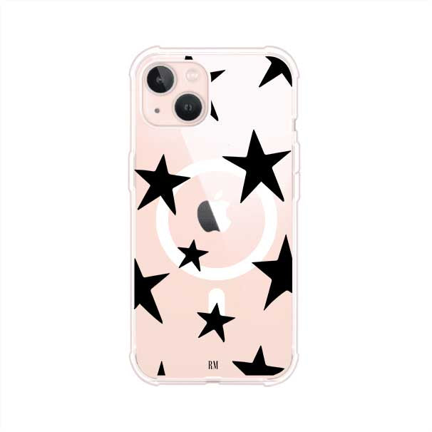 Funda personalizada para iPhone con diseño minimalista de estrellas negras sobre fondo transparente, estilo Black Stars de Remark MX