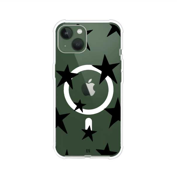 Funda personalizada para iPhone con diseño minimalista de estrellas negras sobre fondo transparente, estilo Black Stars de Remark MX