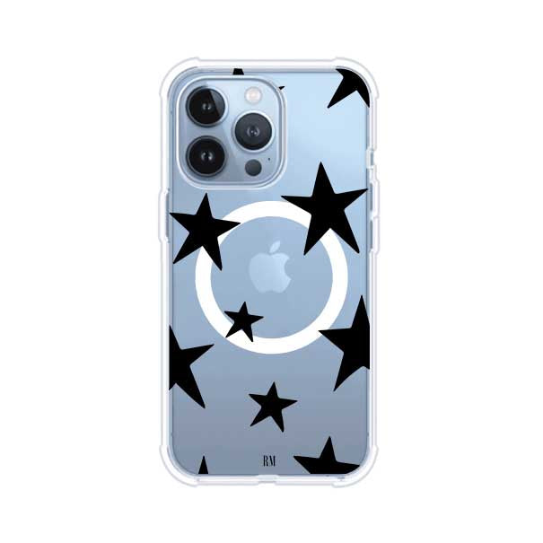 Funda personalizada para iPhone con diseño minimalista de estrellas negras sobre fondo transparente, estilo Black Stars de Remark MX
