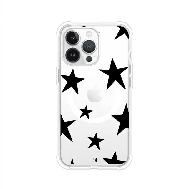 Funda personalizada para iPhone con diseño minimalista de estrellas negras sobre fondo transparente, estilo Black Stars de Remark MX